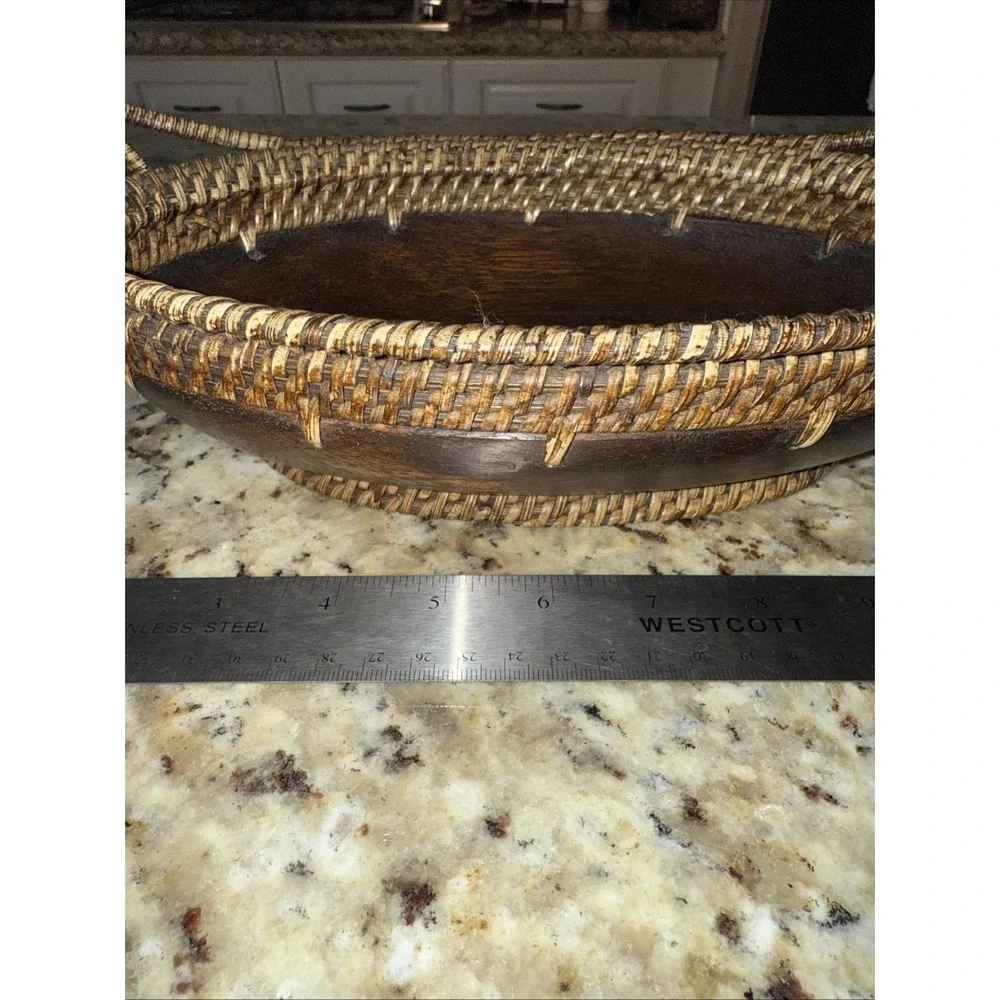 Mid Century Modern Rare Vintage Wood Palecek‎ Inlaid Oval Seed Bowl - Woven 5249